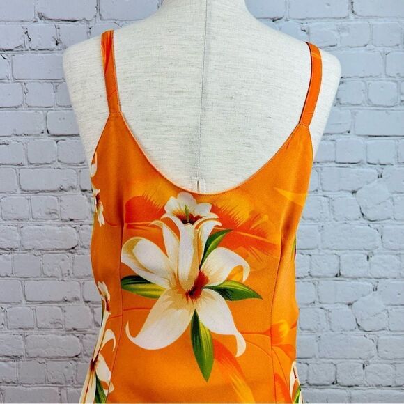 Vintage Y2K Nicolete Orange Tropical Aloha Hawaiian Hi-lo Maxi Dress - Picture 6 of 11